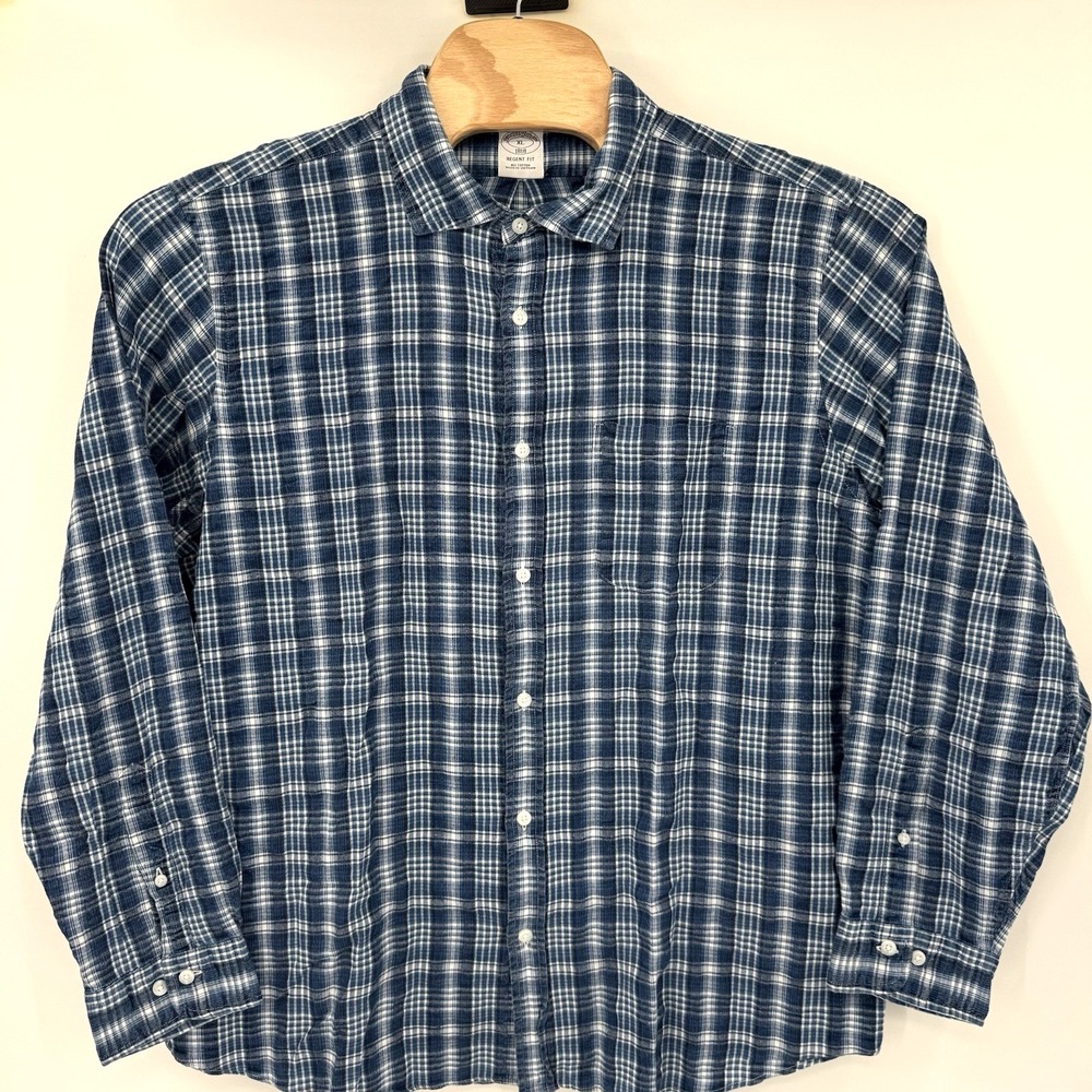 Brooks Brothers Button Down Mens XL Blue Plaid Regent Fit Cotton Long Sleeve - Picture 2 of 5